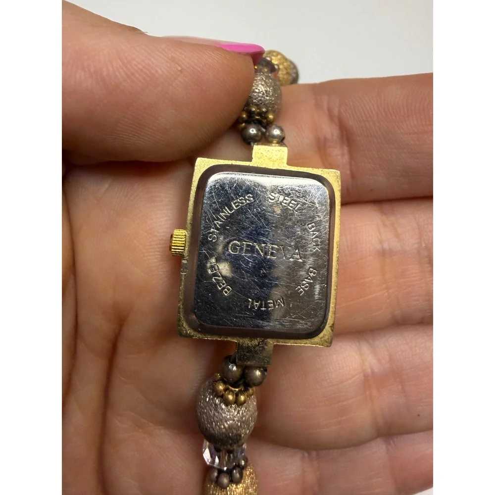 Geneva Womens Beaded Bracelet Watch Gold Silver Tone Scroll Bezel Quartz 7.5 In